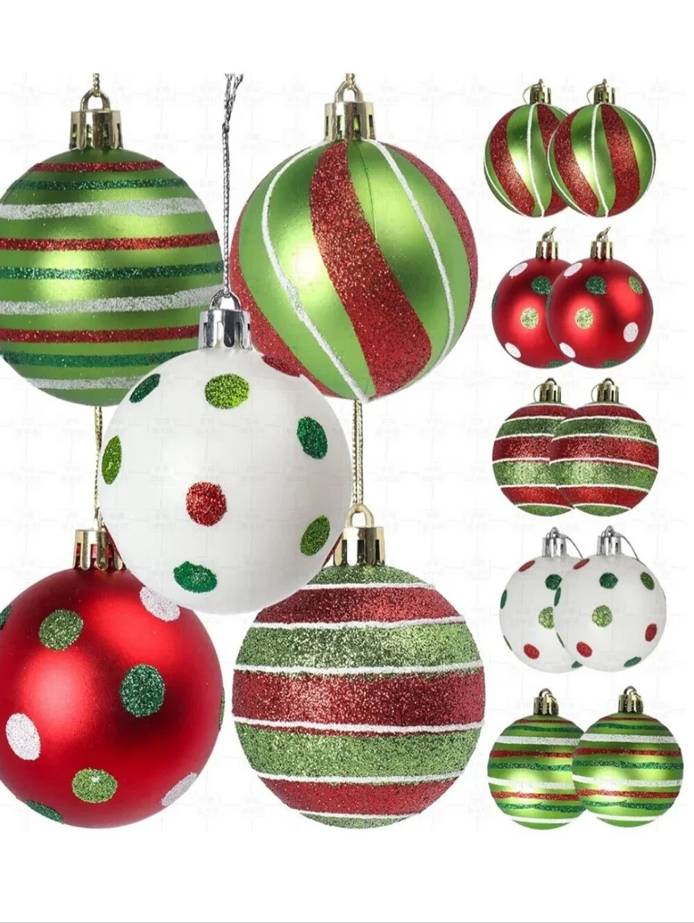 Red, Green and White Glitter Holiday Ornament Set. 12 Pieces. NEW.